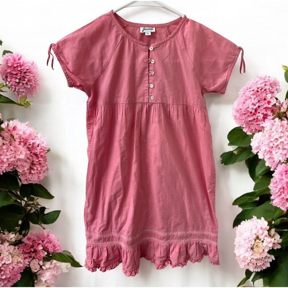 Jacadi Childrens Girls Dress pretty Pink Size 8A short sleeve buttons